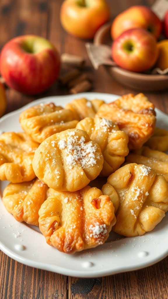 Baked Low-Fat Apple Fritters Recipe A plate of baked apple fritters dusted with powdered sugar, showcasing their golden brown color and apple pieces.